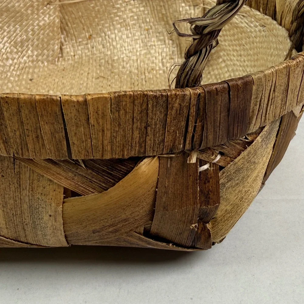 Hand Woven Natural Fiber Basket Rustic Brown Storage Decorative Twisted Handles